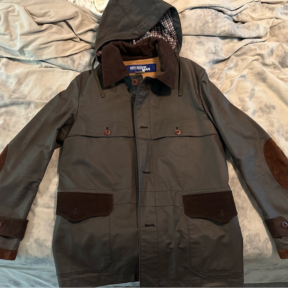Junya Watanabe - Designer Men's Green Wax Jacket with Brown Accents